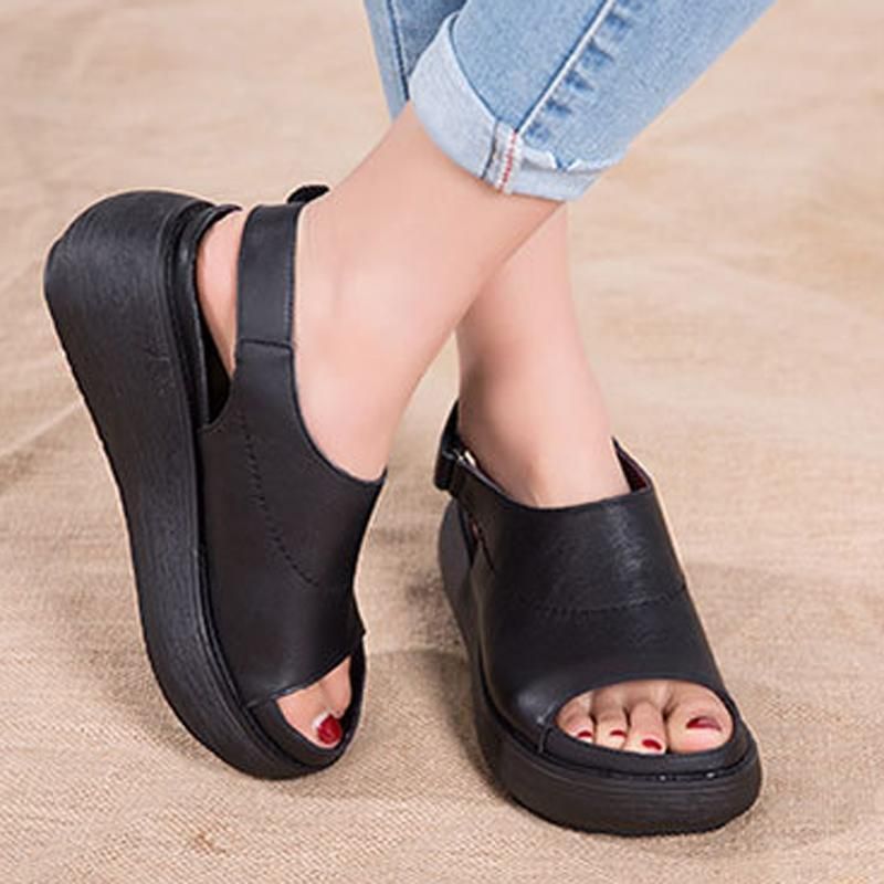 Dames Casual Peep Toe Platform Leren Velcro Sandalen