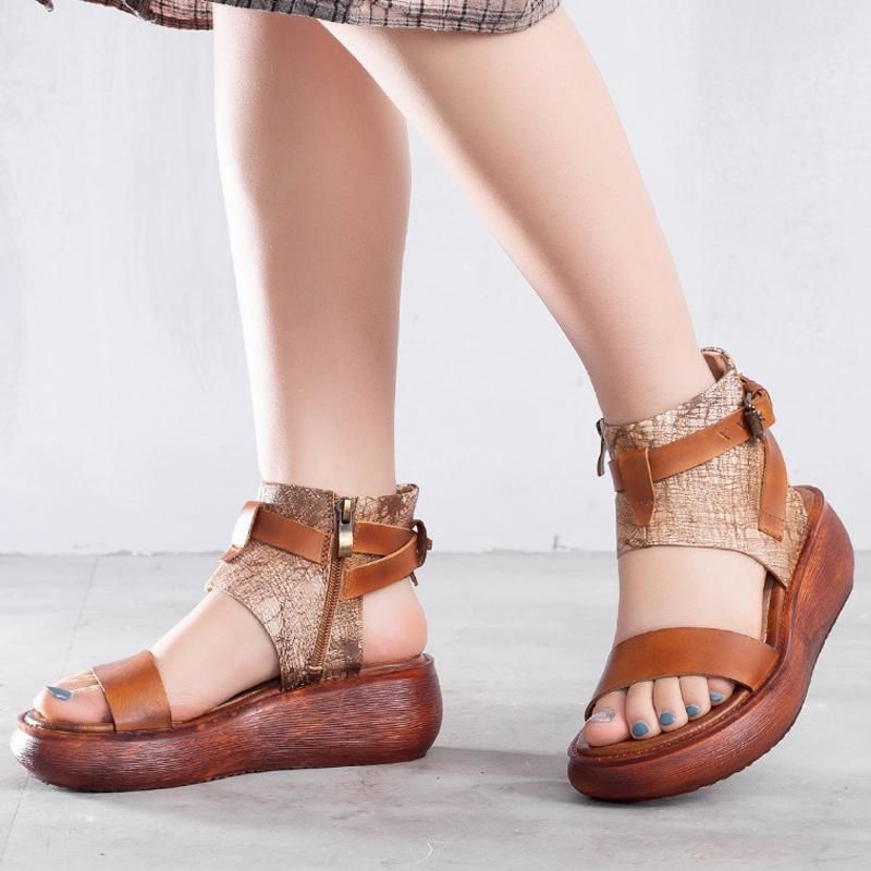 Dames Handgemaakte Zomer Platform Leren Sandalen Met Ritsen