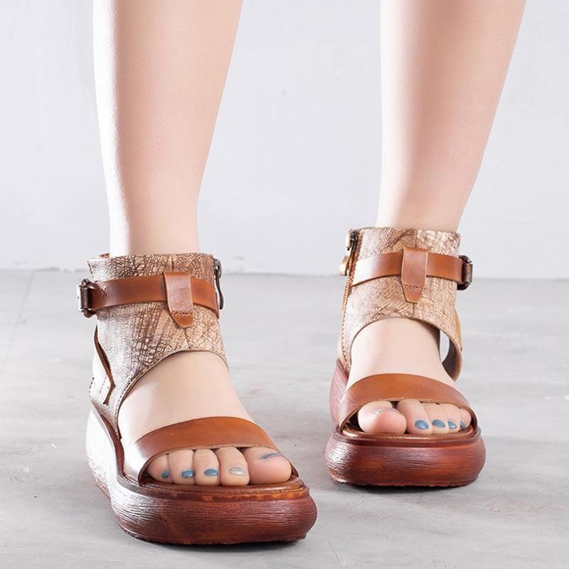 Dames Handgemaakte Zomer Platform Leren Sandalen Met Ritsen