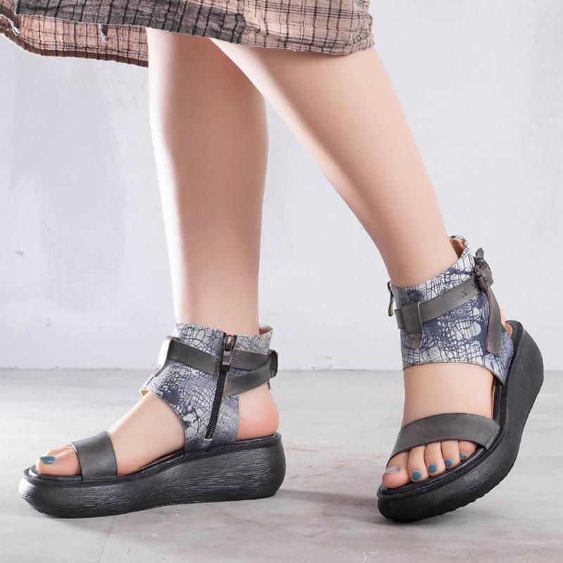 Dames Handgemaakte Zomer Platform Leren Sandalen Met Ritsen