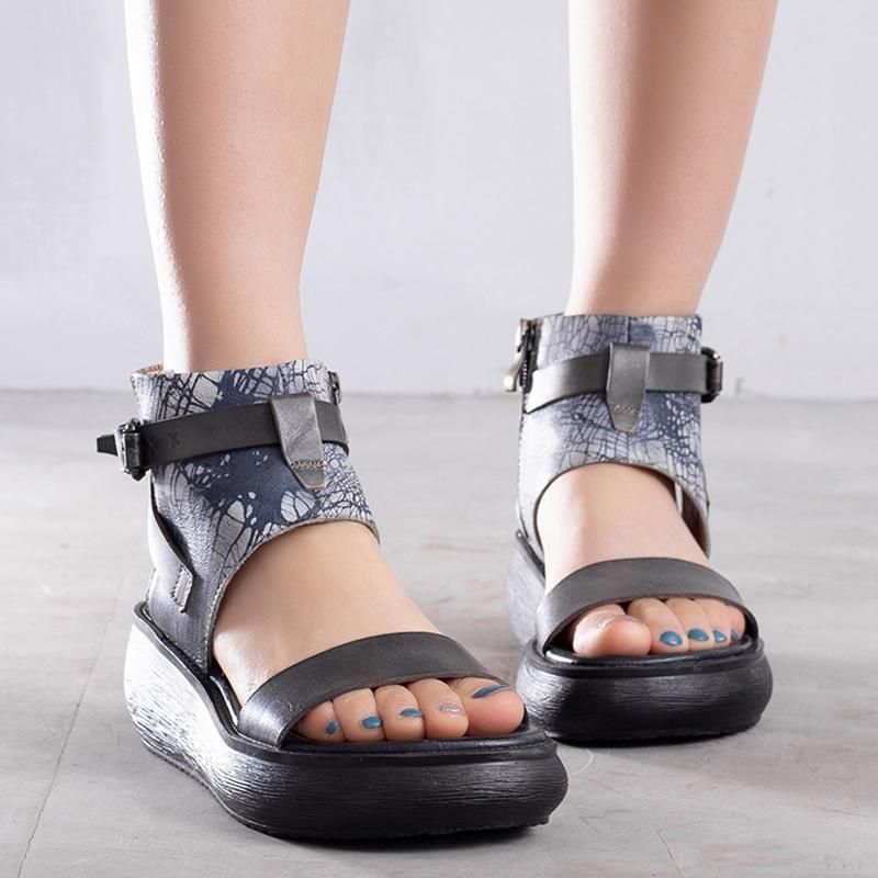 Dames Handgemaakte Zomer Platform Leren Sandalen Met Ritsen