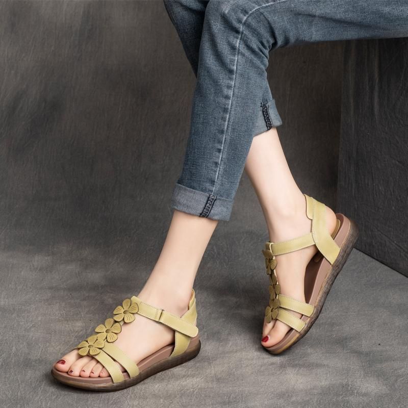 Dames Lederen Handgemaakte Bloem Boho Sandalen