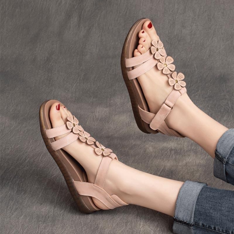 Dames Lederen Handgemaakte Bloem Boho Sandalen