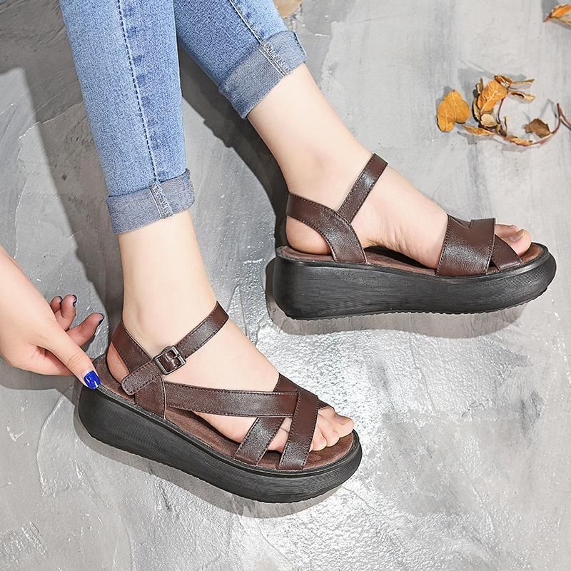 Dames Lente Zomer Retro Platform Koeienhuid Sandalen