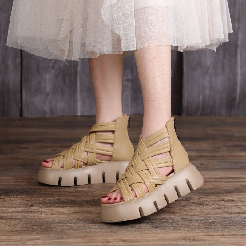 Dames Retro Gevlochten Leren Zomer Wedge Sandalen