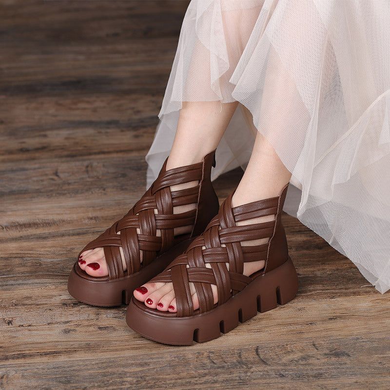 Dames Retro Gevlochten Leren Zomer Wedge Sandalen