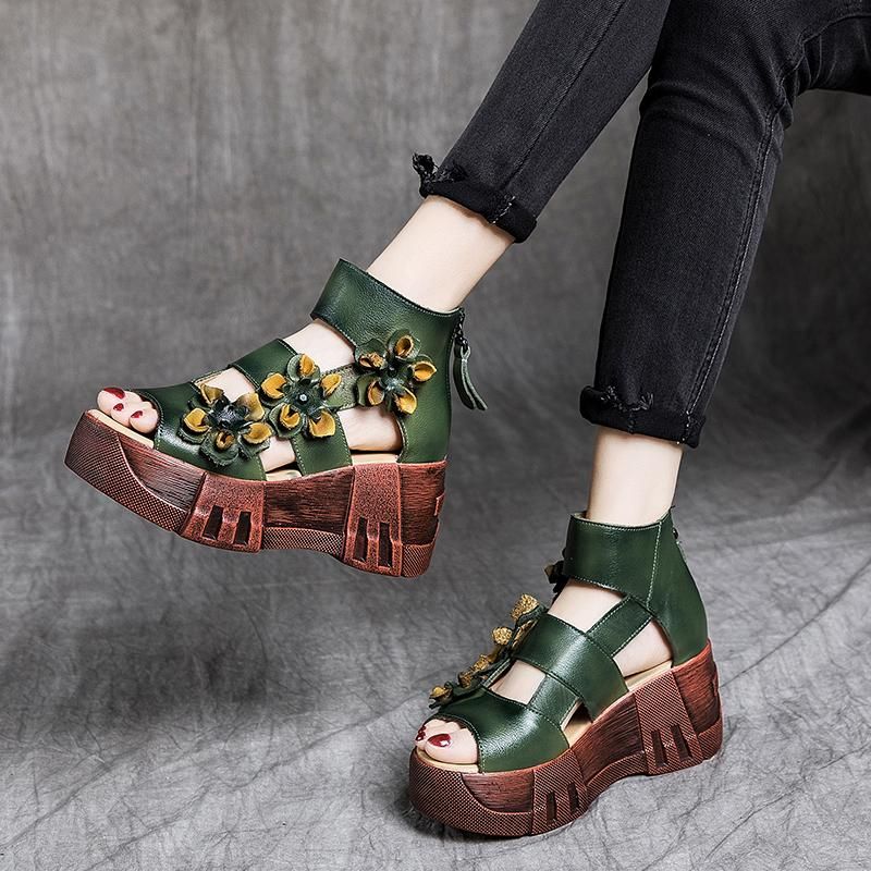 Dames Retro Platform Leren Bloemen Sandalen