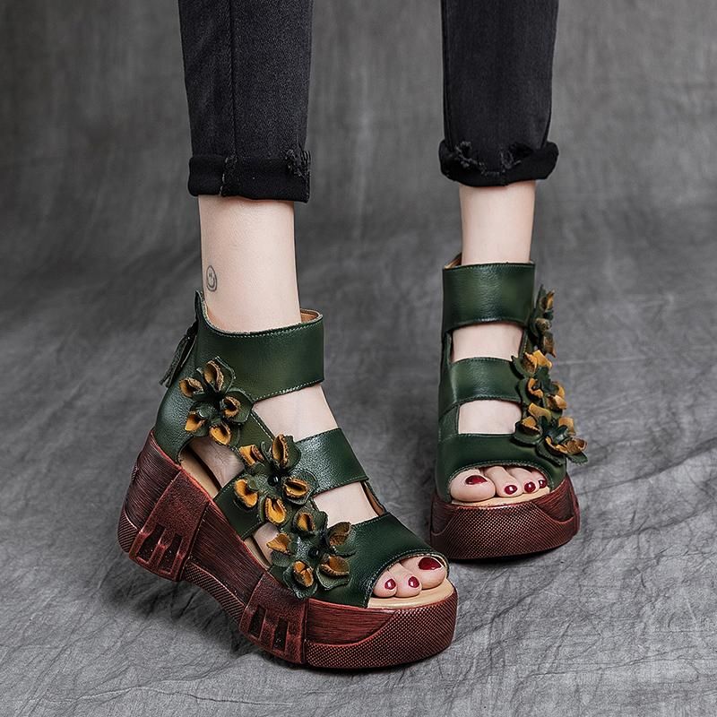 Dames Retro Platform Leren Bloemen Sandalen