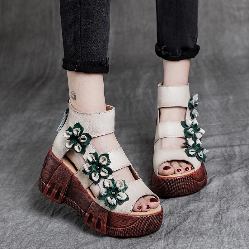 Dames Retro Platform Leren Bloemen Sandalen