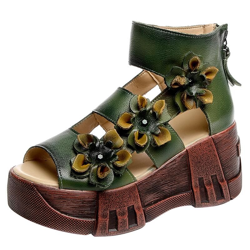 Dames Retro Platform Leren Bloemen Sandalen