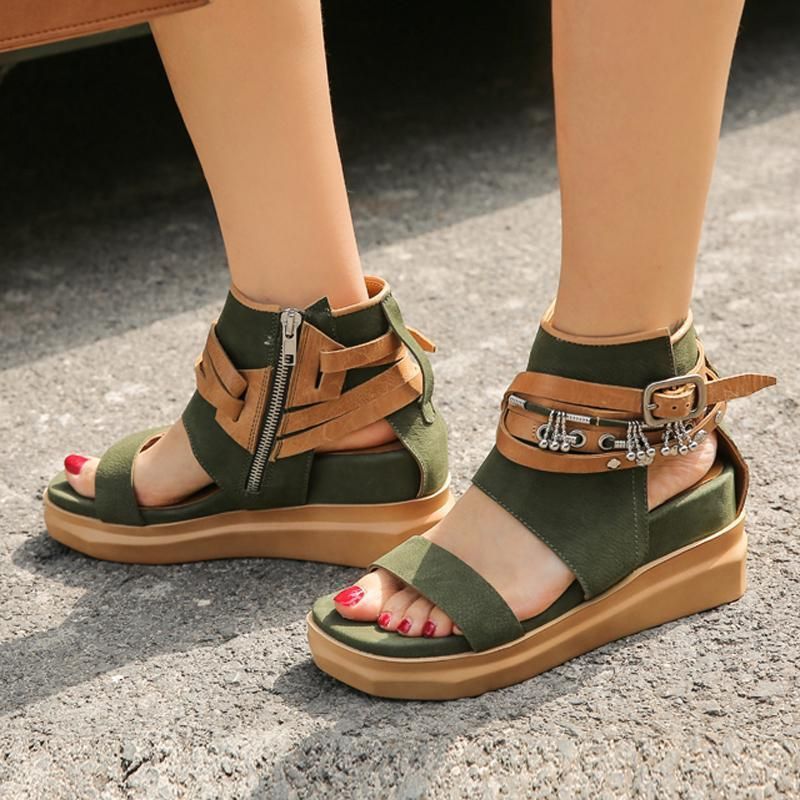 Dames Retro Wedge Buckle Ritsen Open Teen Causale Sandalen 34-40