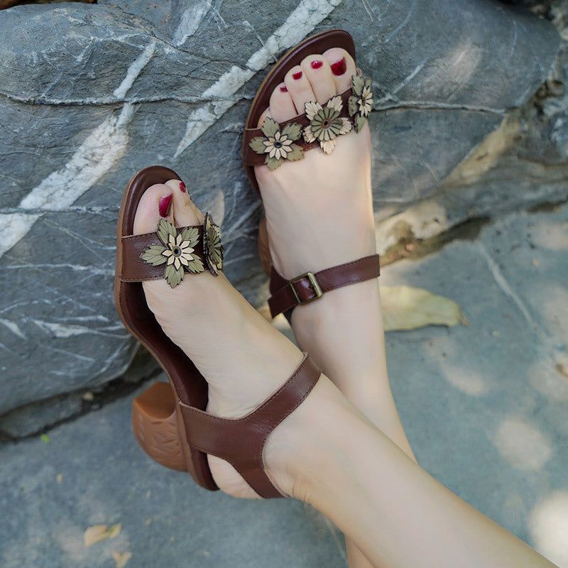 Dames Retro Zomer Bloemen Leren Wedge Sandalen