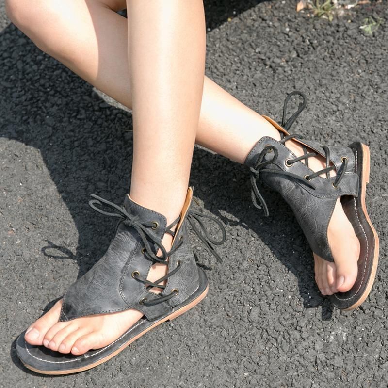 Dames Zomer Clip Toe Lace Up Retro Platte Schoenen Sandalen