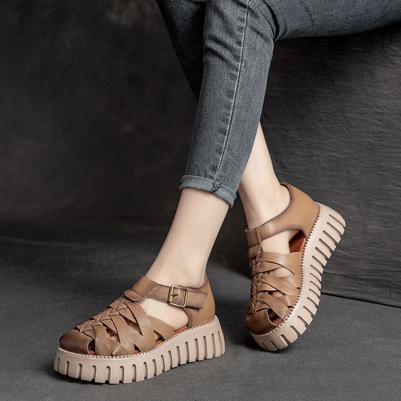 Dames Zomer Leer Geweven Vintage Casual Sandalen