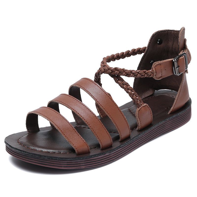 Dames Zomer Platte Vintage Leren Sandalen