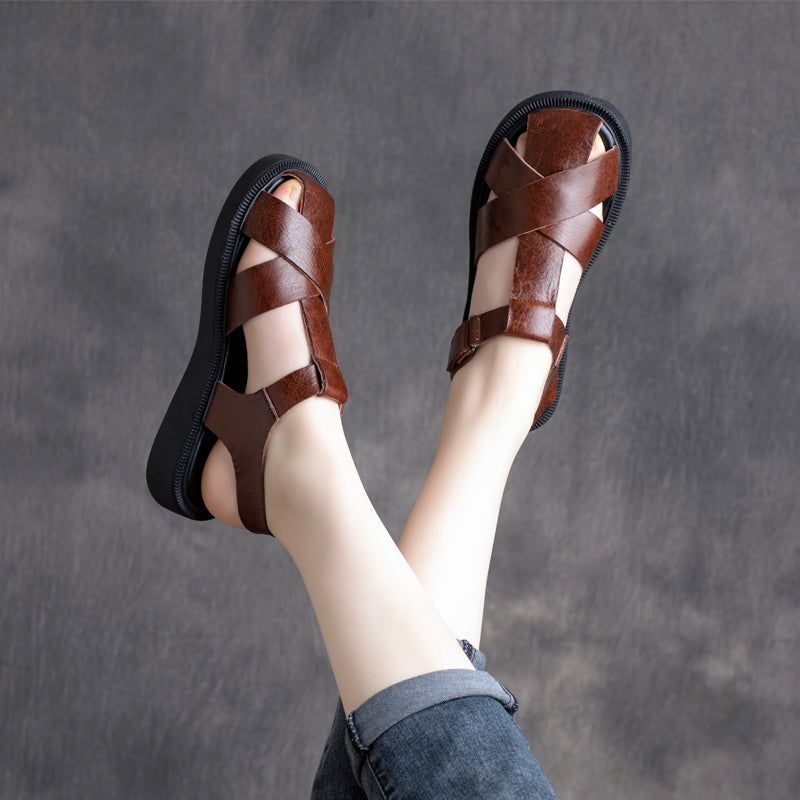 Dames Zomer Retro Lederen Hoofd Bedekte Sandalen