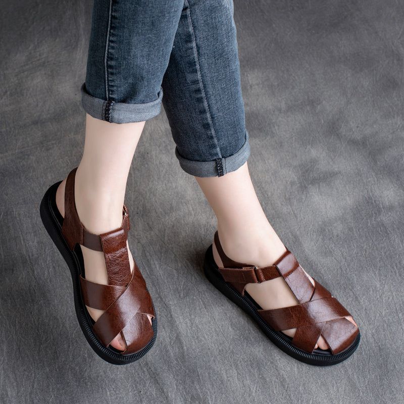 Dames Zomer Retro Lederen Hoofd Bedekte Sandalen