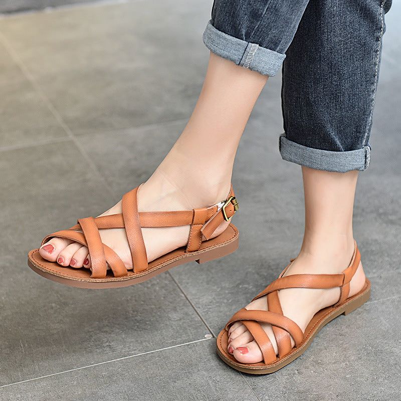 Dames Zomer Retro Lederen Strappy Sandalen