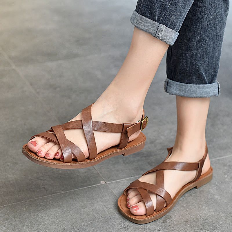 Dames Zomer Retro Lederen Strappy Sandalen