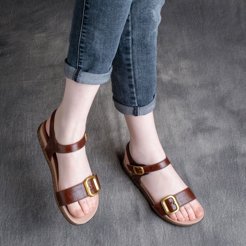 Dames Zomer Retro Leren Sandalen Met Velcro Tape