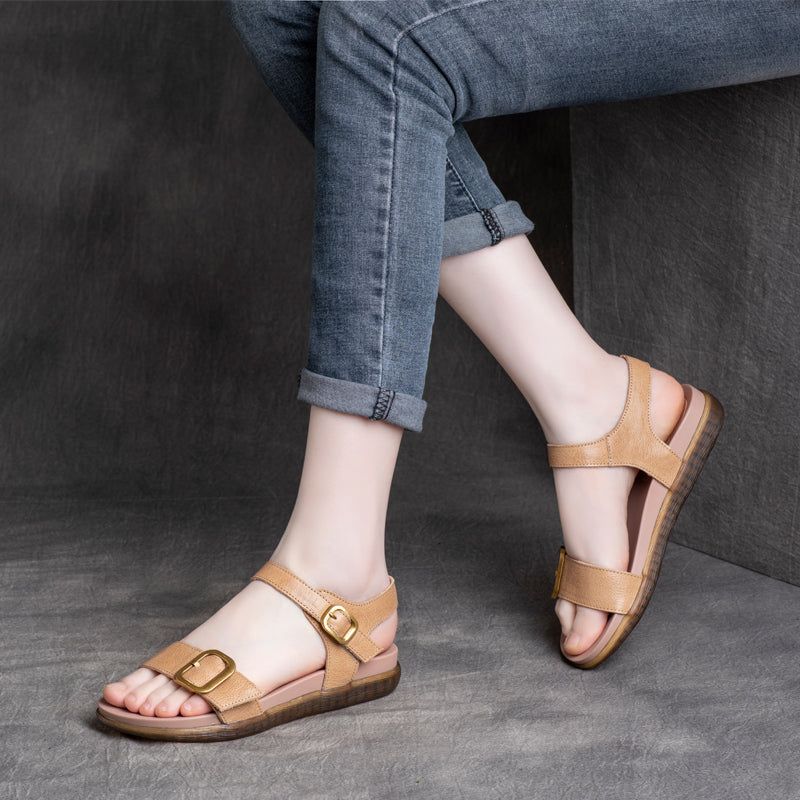 Dames Zomer Retro Leren Sandalen Met Velcro Tape