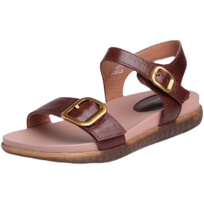 Dames Zomer Retro Leren Sandalen Met Velcro Tape