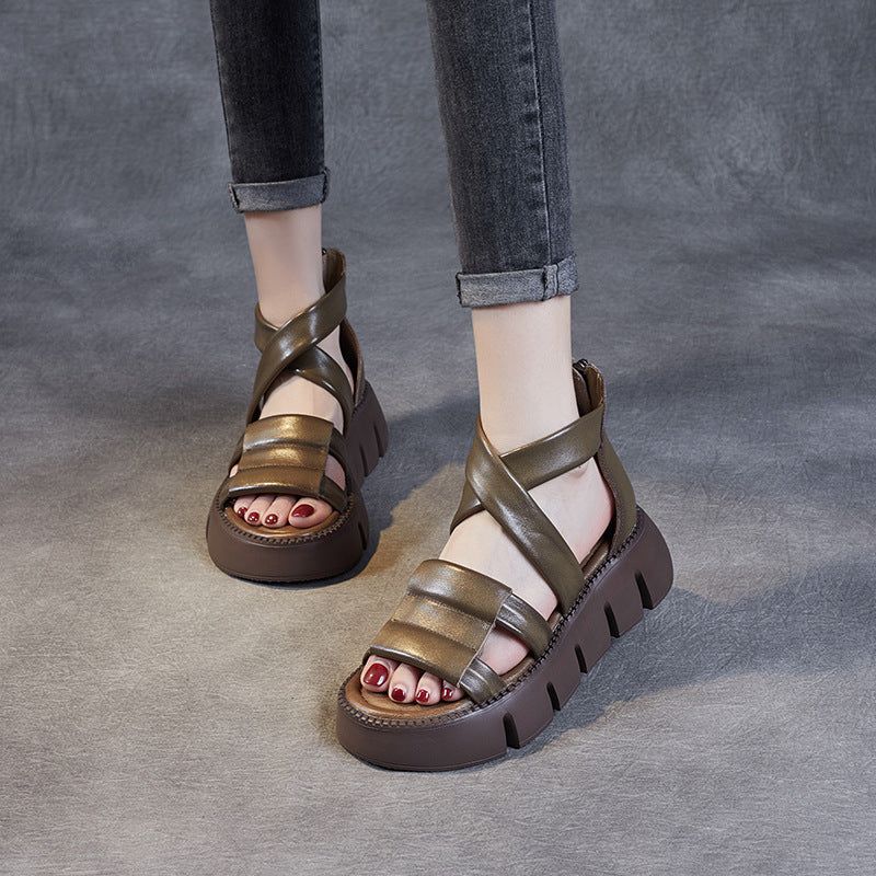 Dames Zomer Retro Strappy Leren Casual Sandalen