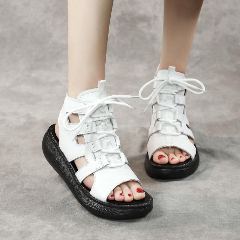 Dames Zomer Vintage Lederen Hollow Hoge Sandalen