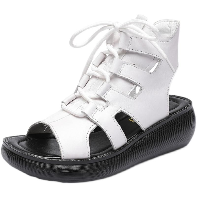 Dames Zomer Vintage Lederen Hollow Hoge Sandalen