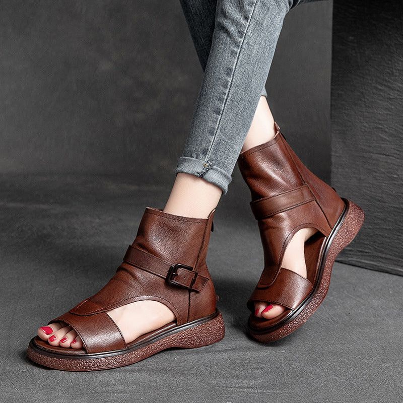 Dames Zomer Vintage Leren Platte Enkel Sandalen