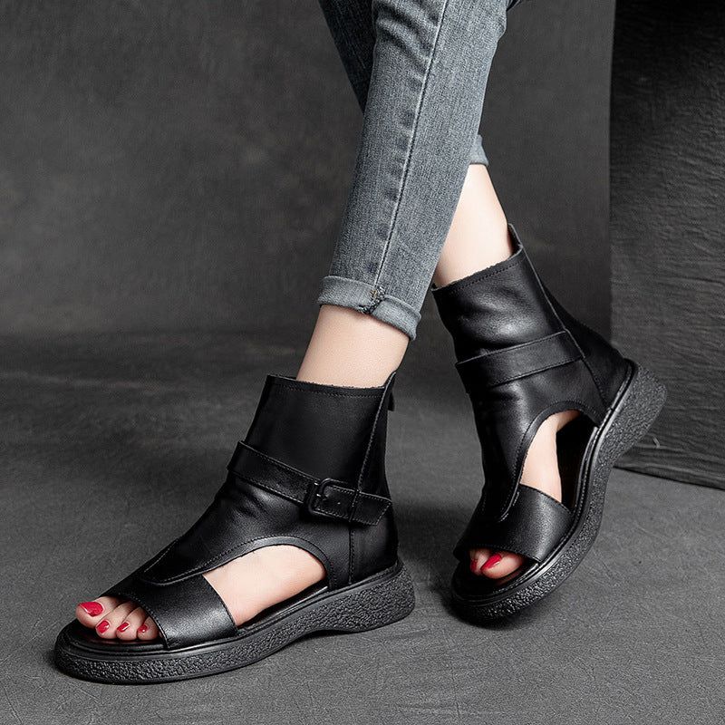 Dames Zomer Vintage Leren Platte Enkel Sandalen