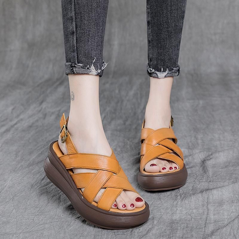 Eenvoudige Leren Platform Retro Casual Sandalen