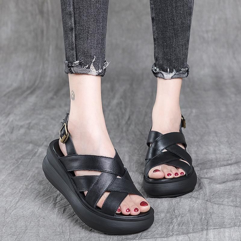 Eenvoudige Leren Platform Retro Casual Sandalen