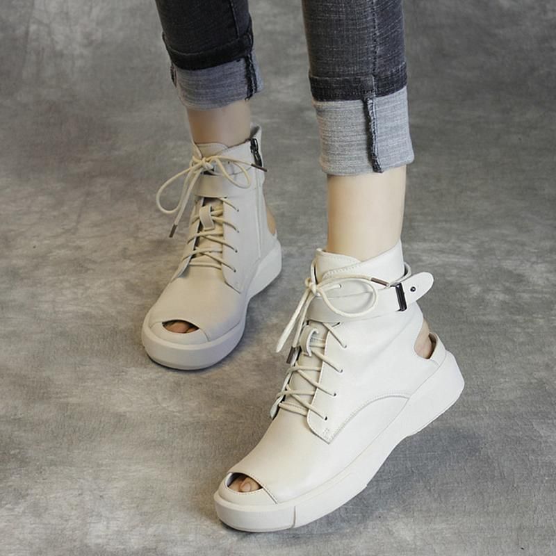 Koeienhuid Hollow Out Lace-up Comfortabele Lage Hak Sandalen