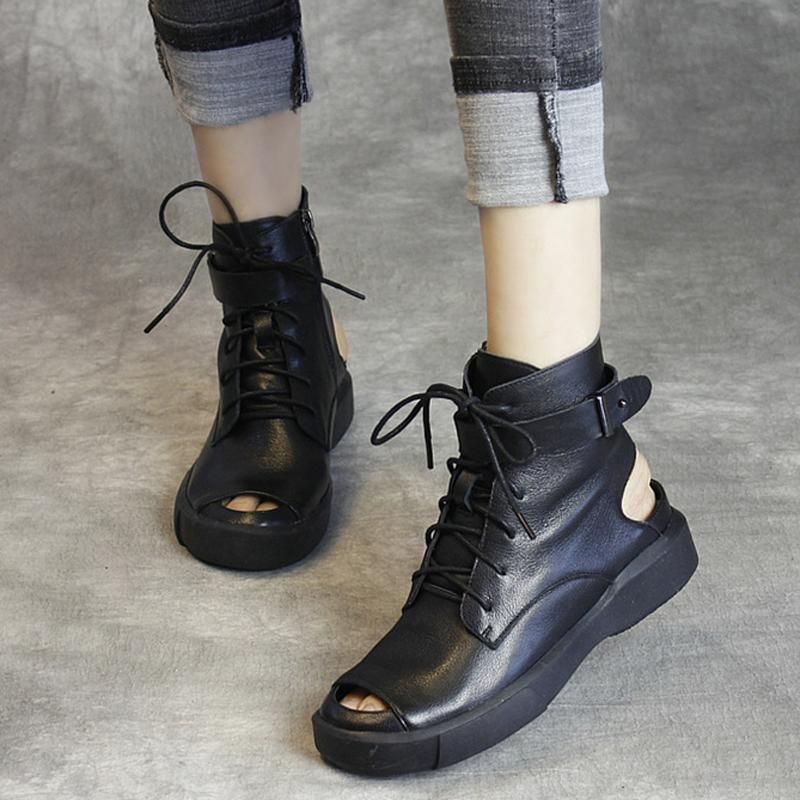 Koeienhuid Hollow Out Lace-up Comfortabele Lage Hak Sandalen