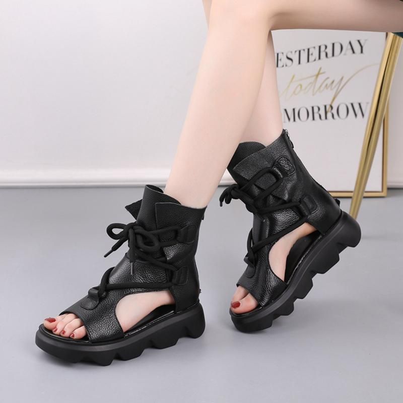 Leer 2022 Nieuwe Retro Sandalen Met Veters