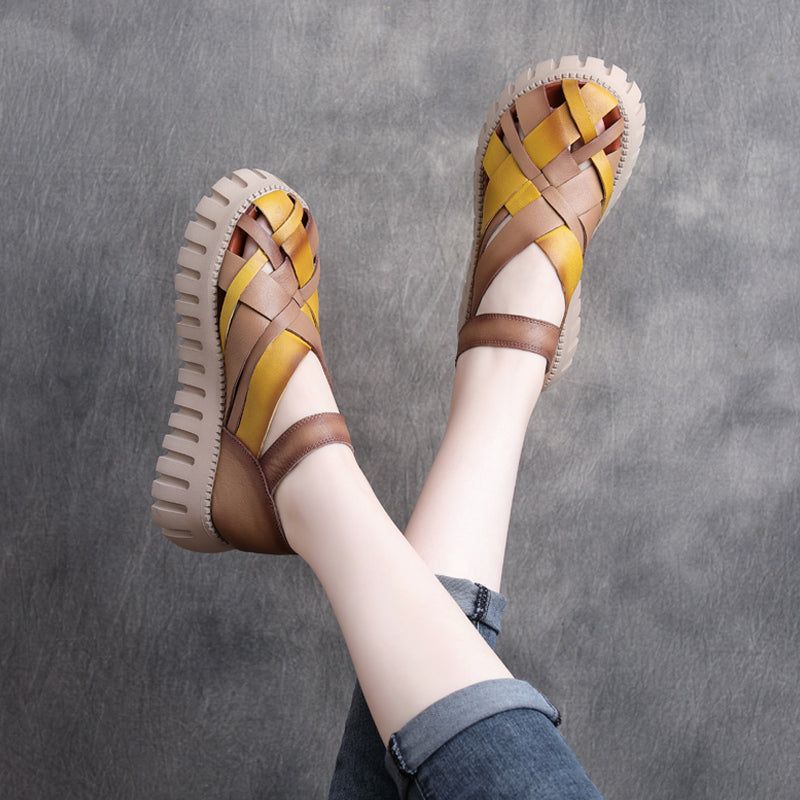 Lente Zomer Retro Hollow Strappy Leren Sandalen