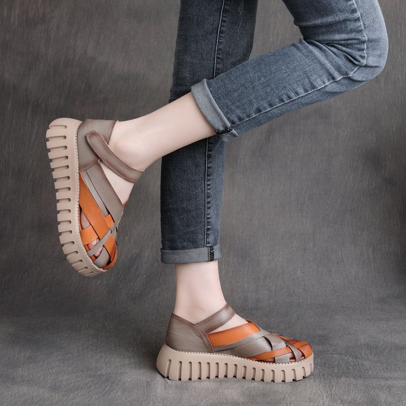 Lente Zomer Retro Hollow Strappy Leren Sandalen