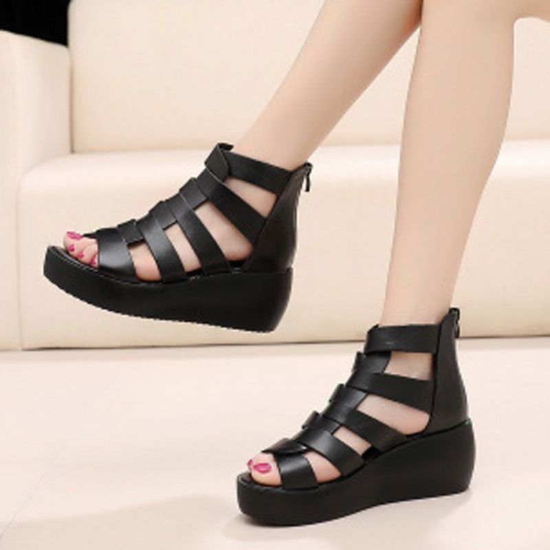 Leren Comfortabele Rome Sandalen Met Wedge Met Ritsen