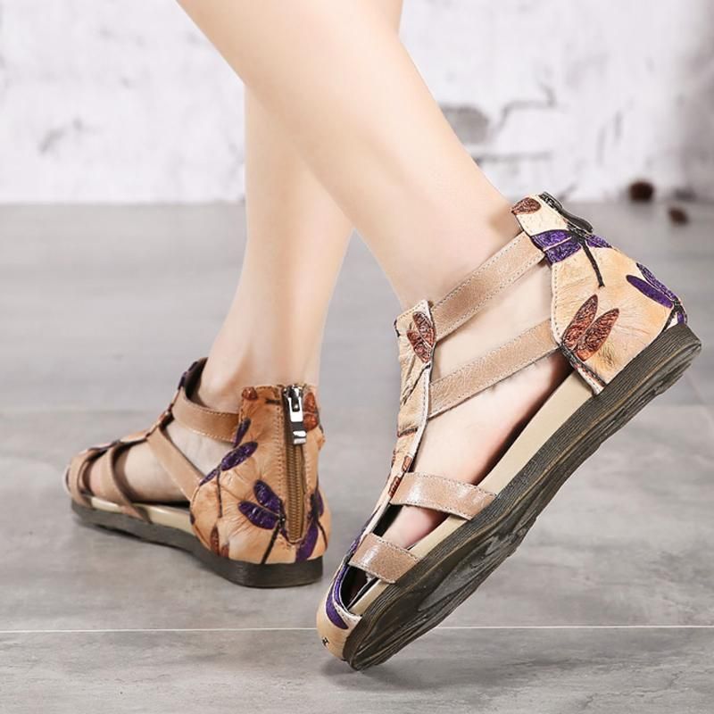 Leren Comfortabele Romeinse Platte Sandalen Met Print