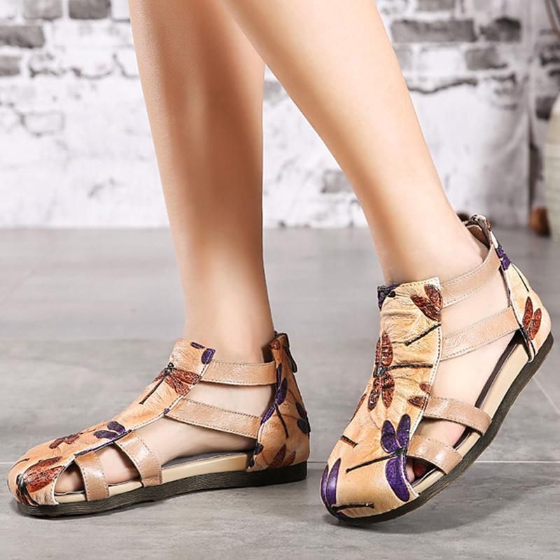 Leren Comfortabele Romeinse Platte Sandalen Met Print