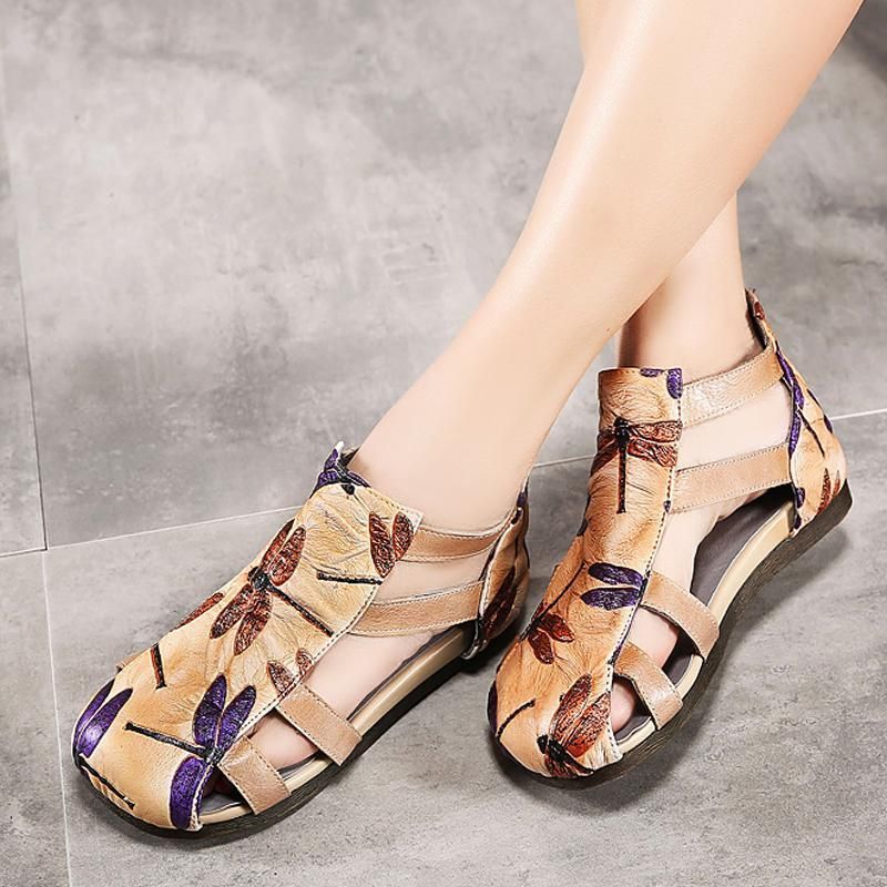 Leren Comfortabele Romeinse Platte Sandalen Met Print