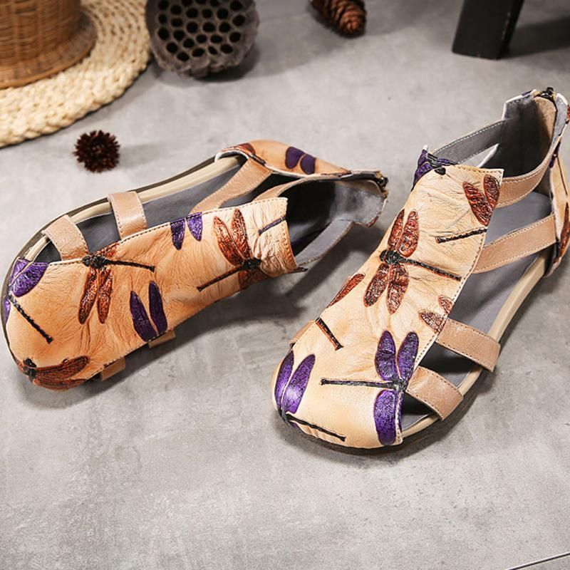 Leren Comfortabele Romeinse Platte Sandalen Met Print