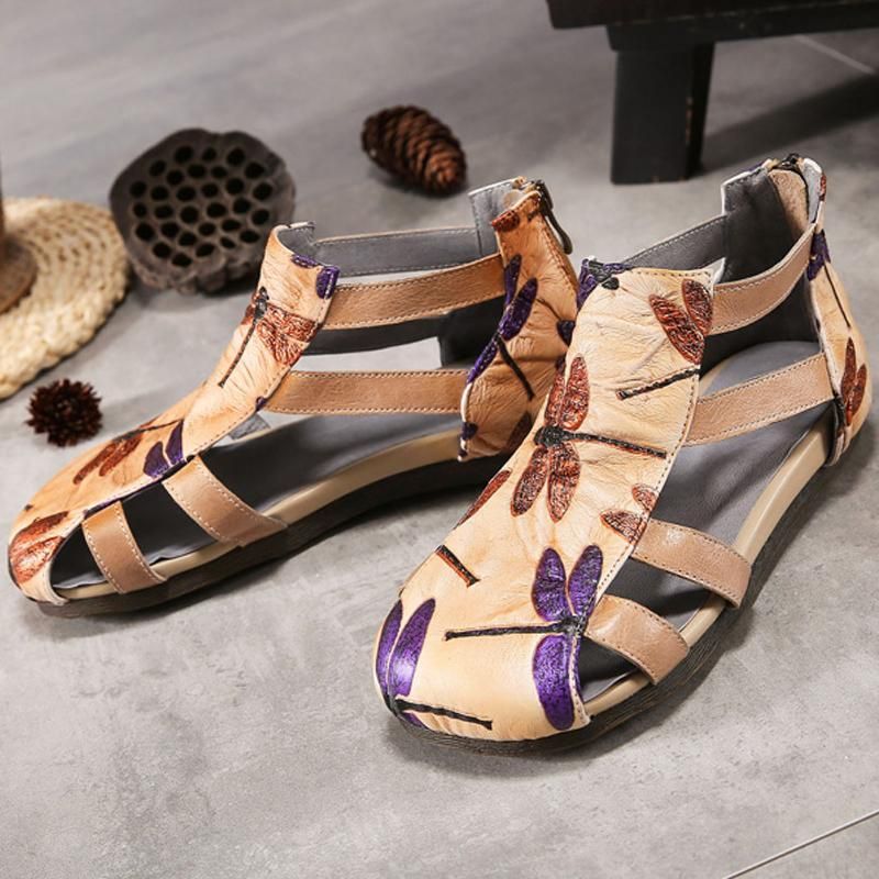 Leren Comfortabele Romeinse Platte Sandalen Met Print