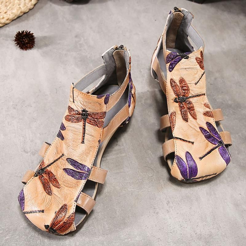 Leren Comfortabele Romeinse Platte Sandalen Met Print