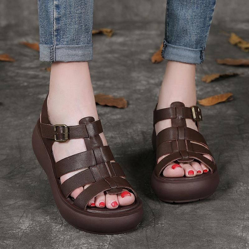 Leren Handgemaakte Platform Zomer Rome Gesp Sandalen