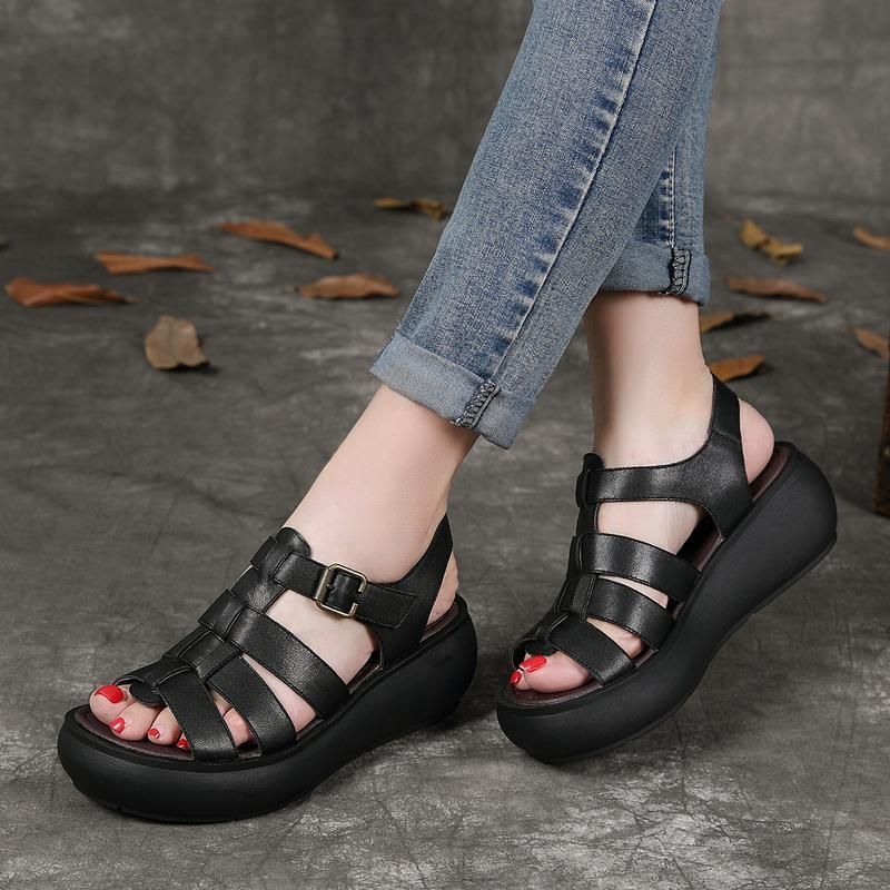 Leren Handgemaakte Platform Zomer Rome Gesp Sandalen