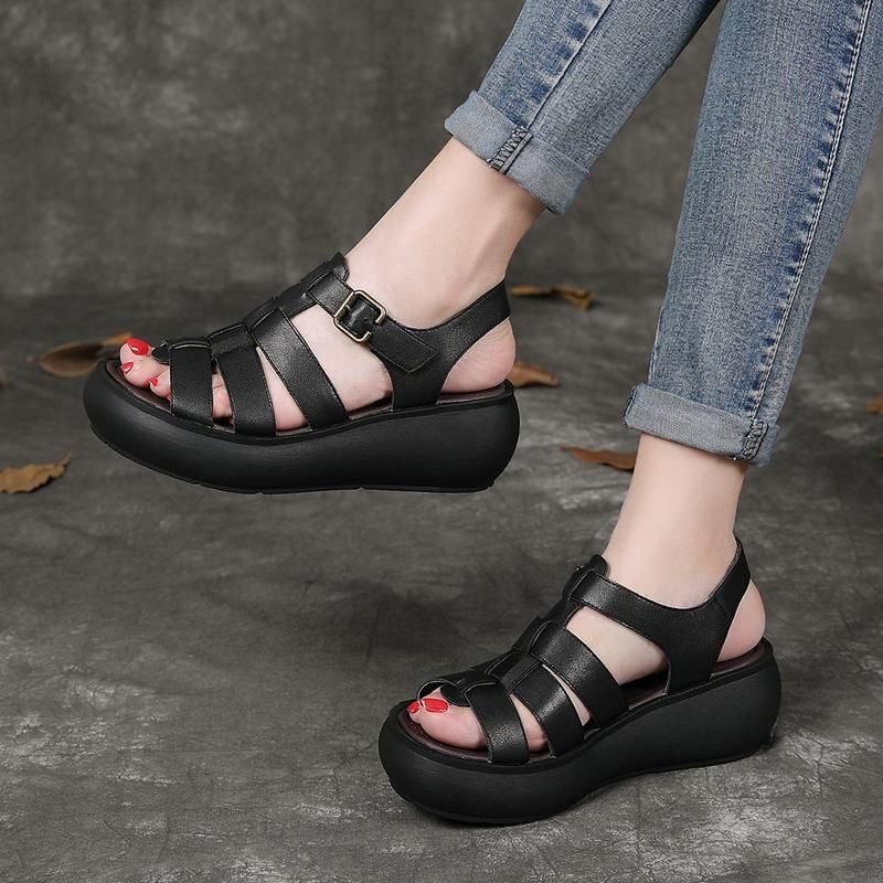 Leren Handgemaakte Platform Zomer Rome Gesp Sandalen