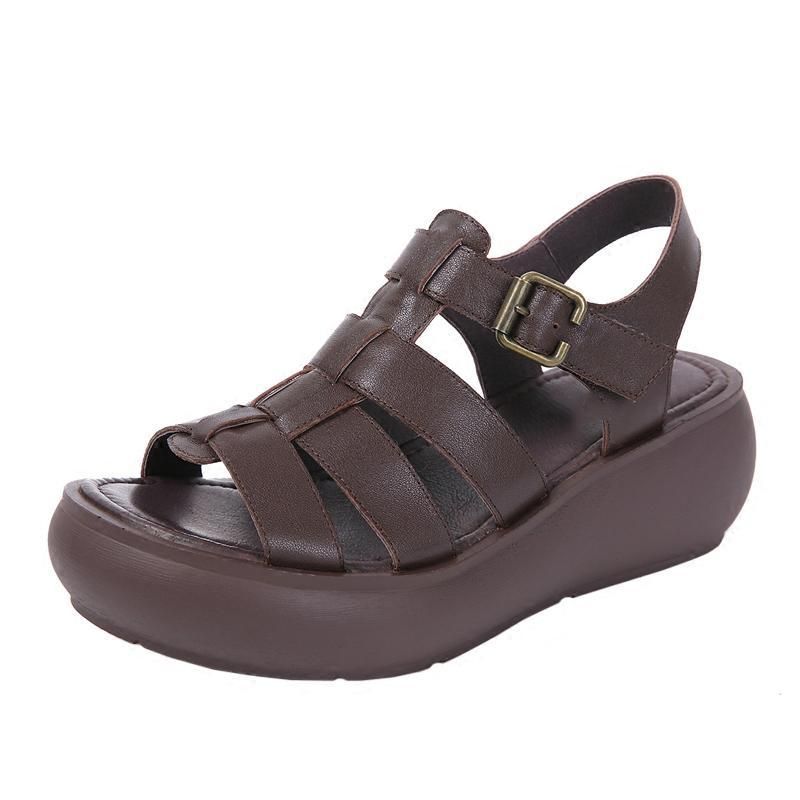 Leren Handgemaakte Platform Zomer Rome Gesp Sandalen