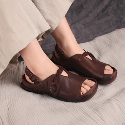 Leren Peep Toe Platte Schoenen Verzamelde Riem Sandalen